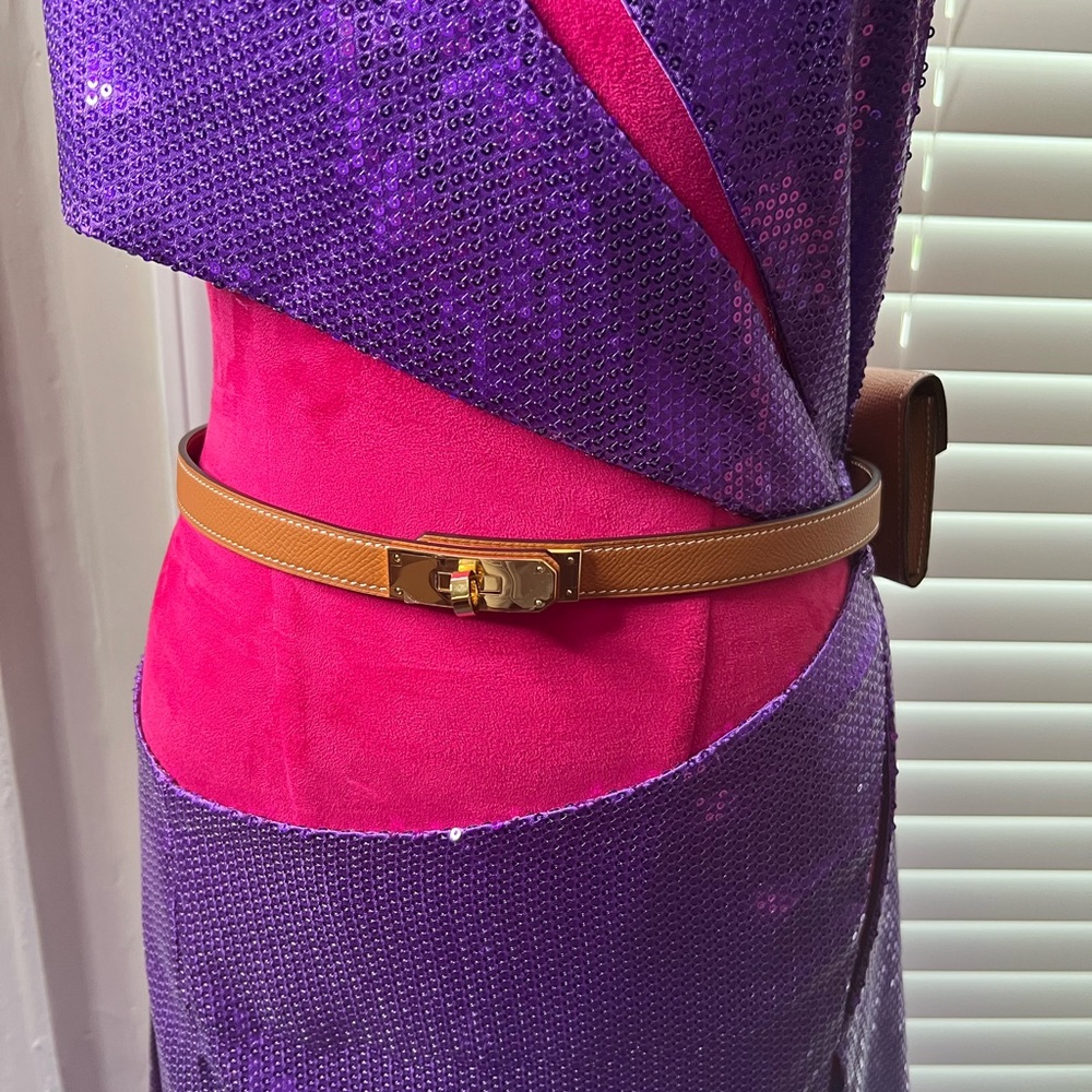 Brown Epsom Leather Lock Belt with Belt Bag and Gold Hardware Adjustable sizing